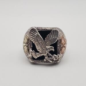 Black Hills Gold Men's Rectangle Onyx Eagle Ring Sterling Silver 10k Gold Sz 11